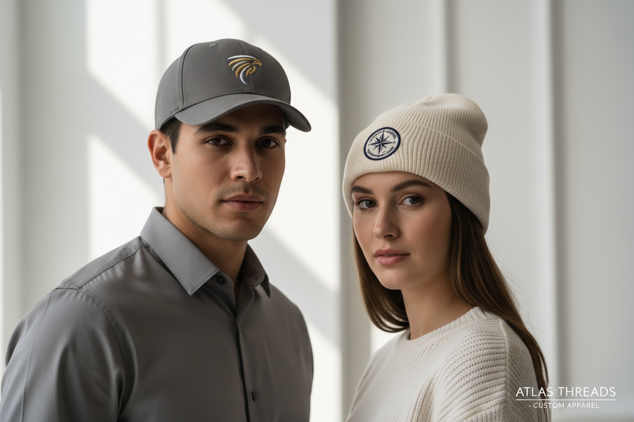 banner man and woman wearing baseball cap embroidery with logo and womem wearing embroidered beanie