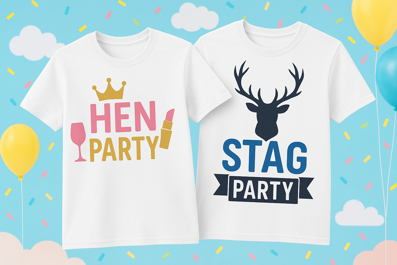 Banner of a hen t-shirt and a stag t-shirt side by side or almost overlapping on a nice background full hd with nice prints on them for the party not too dark background
