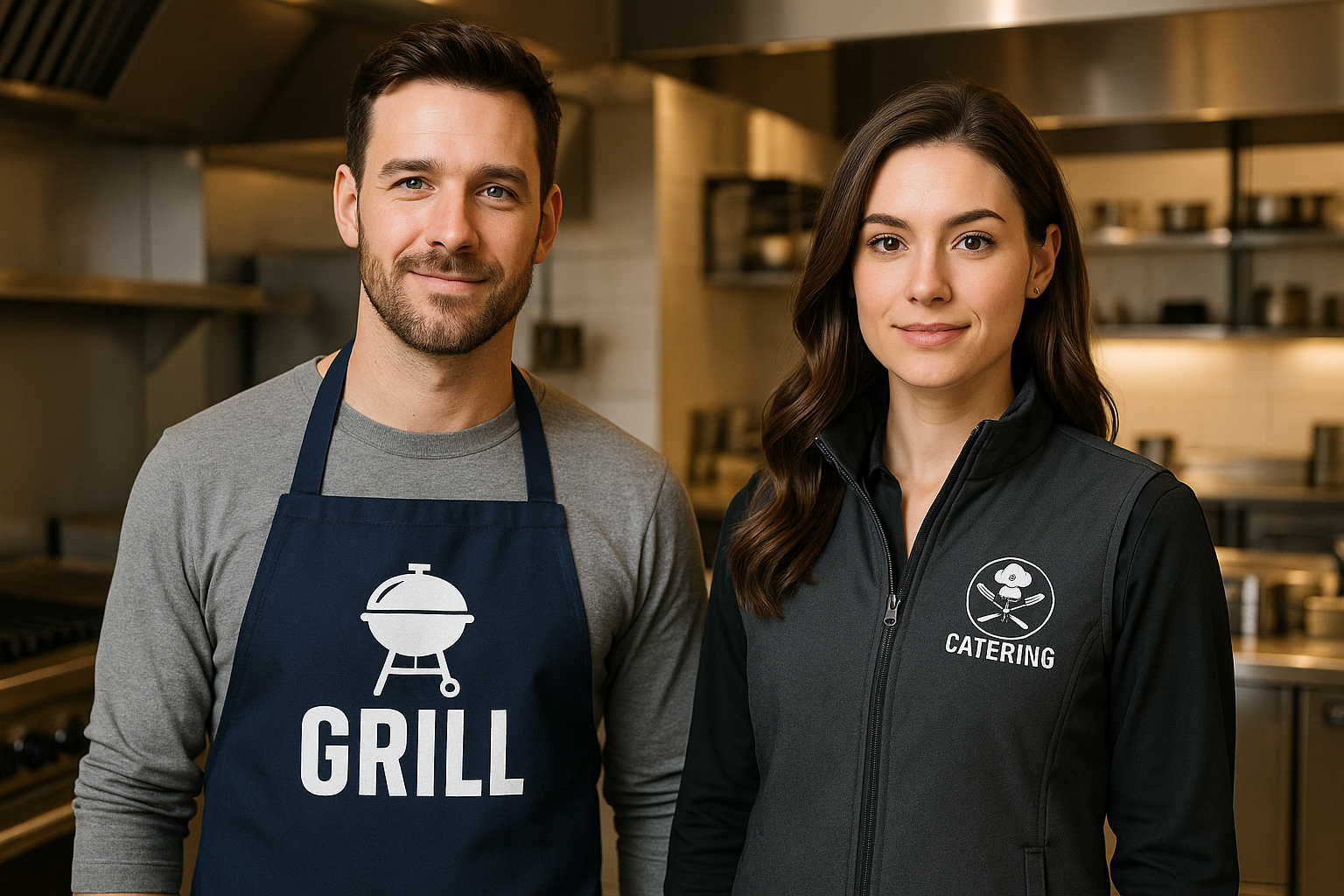 Hospitality uniforms β embroidered aprons and chef jackets for restaurants and bars.