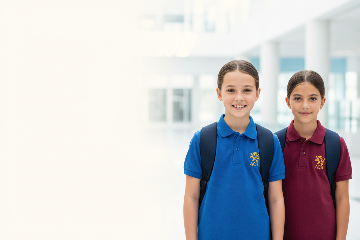 clean out your algoritham create a banner with smart looking school children boy and girl wearing school badges on their blue and burgundy polo shirts standing on the right of banner