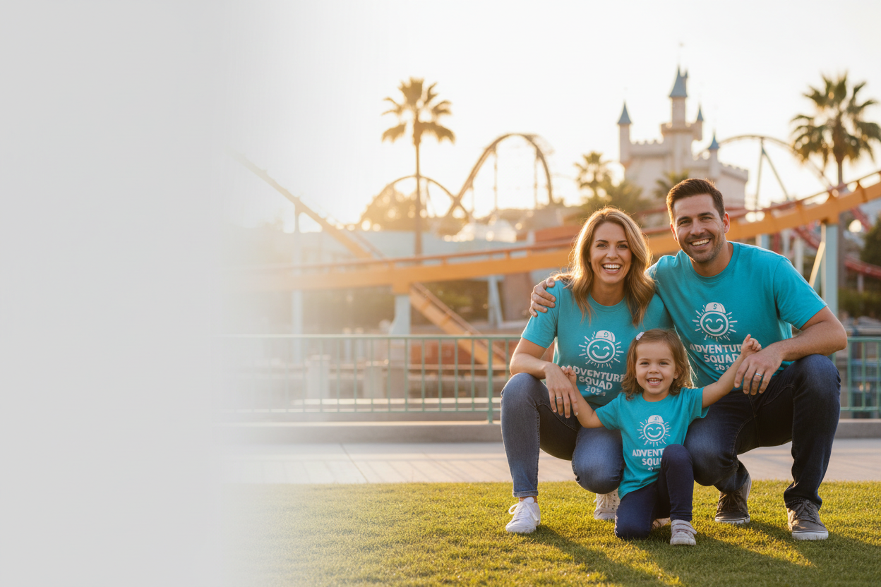 Family wearing personalised matching T-shirts