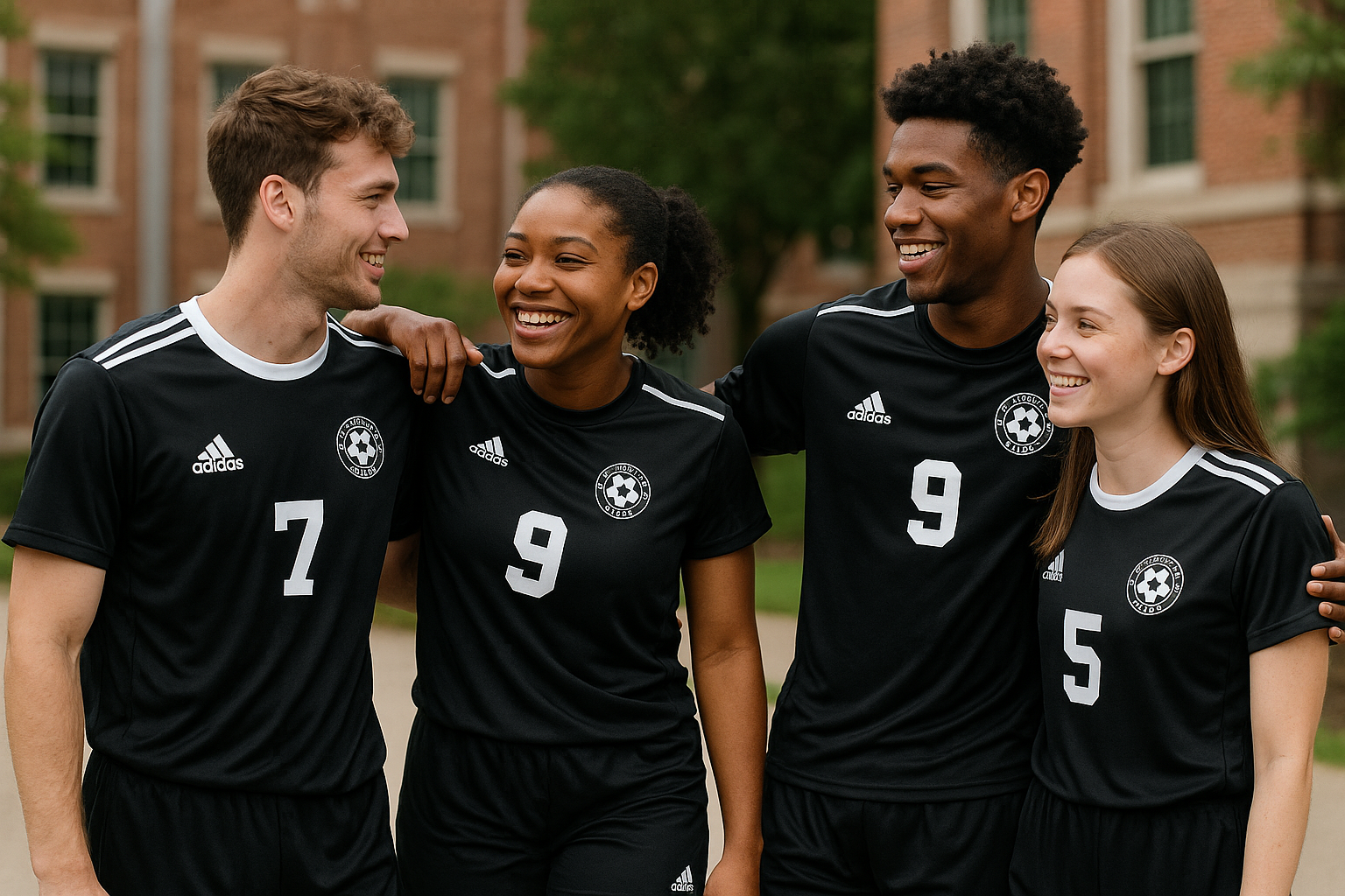 College kids male female wearing sports kit t-shirts with numbers and left chest football team logo wearing team Kits Black with white stripe on shoulder Awdis