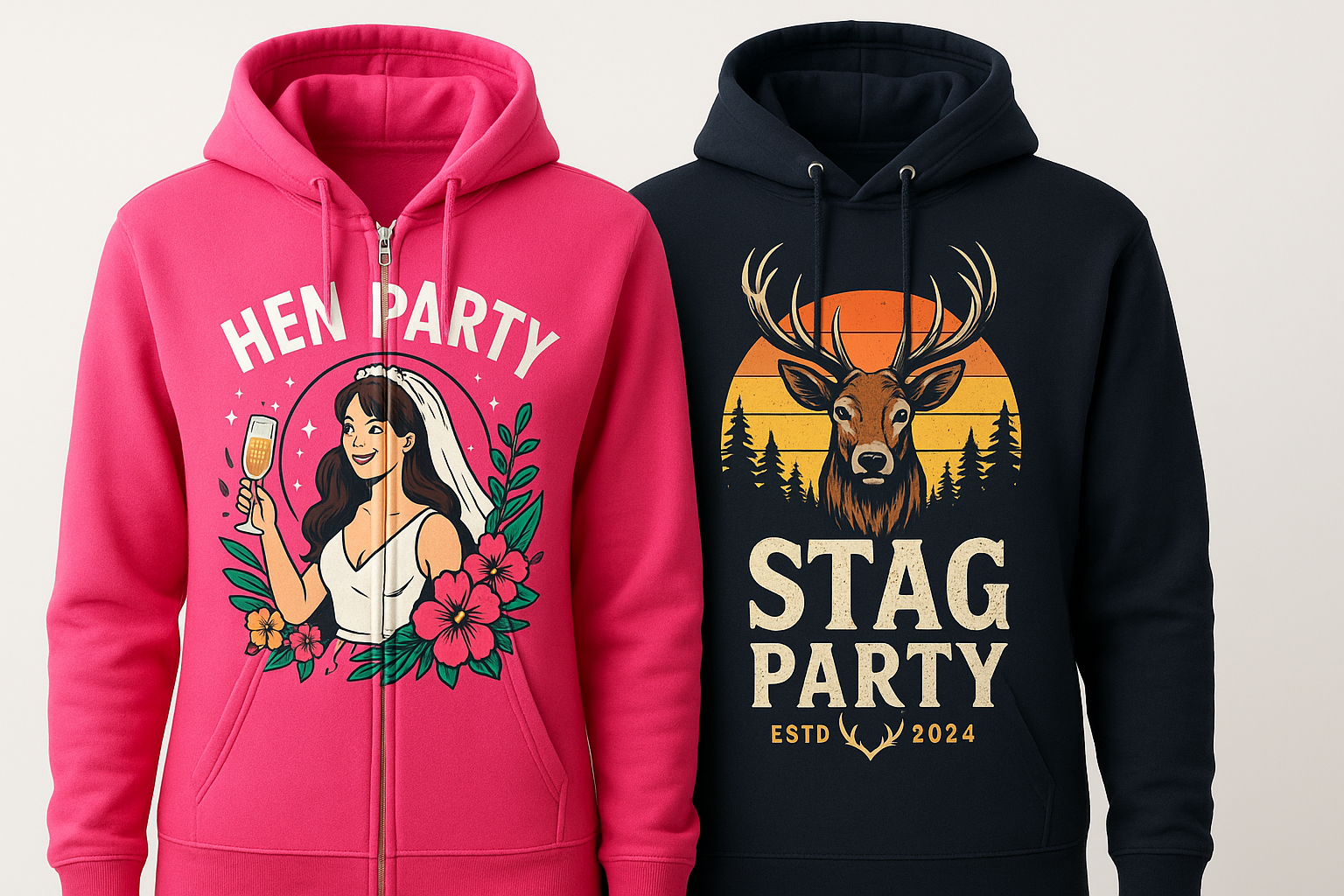 create banner two party hoodies next to each other or overlapping one with a zip one hen and one stag real printed designs hd quality not too dark background