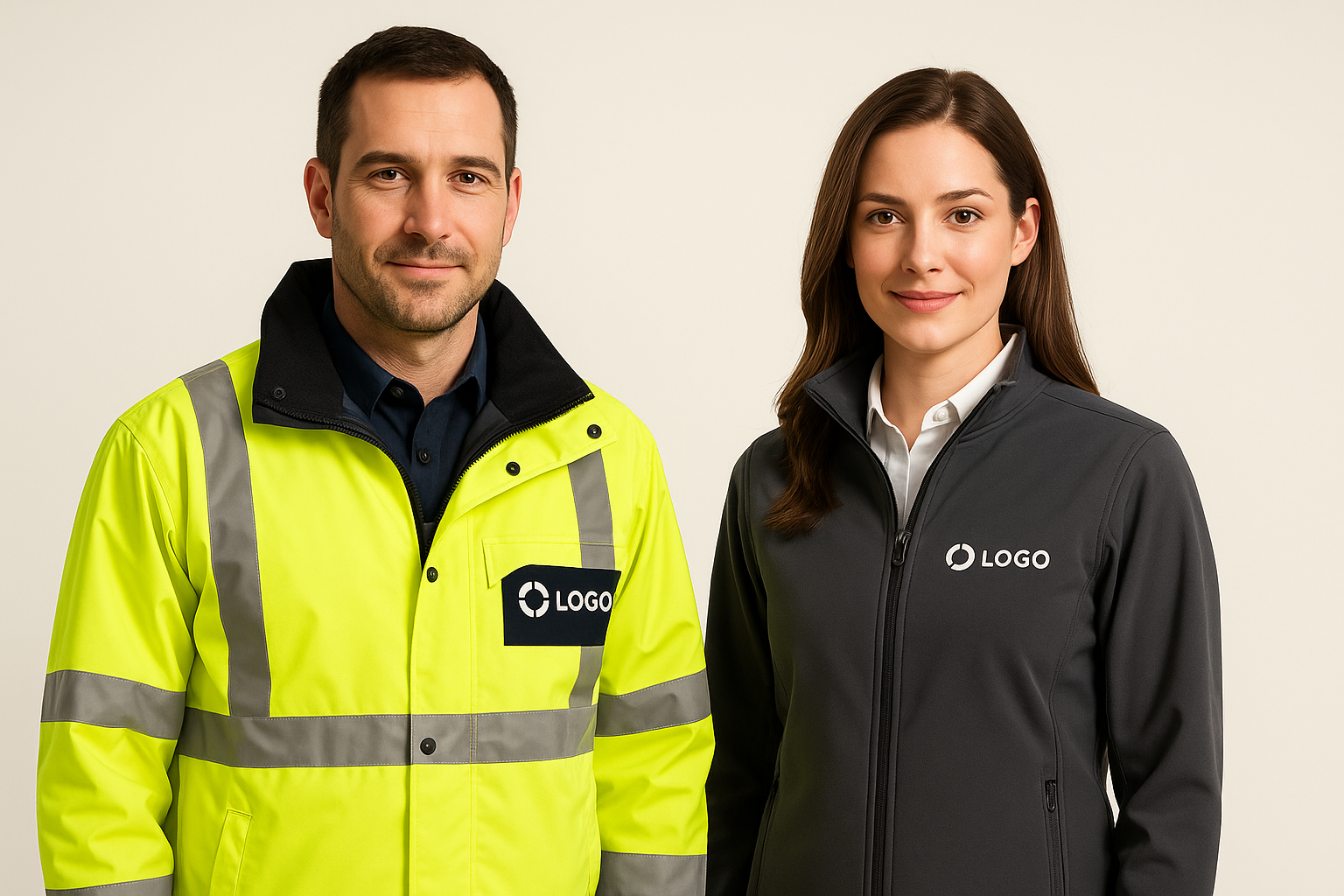 Hi-vis safety clothing β reflective jackets and vests with printed logos.