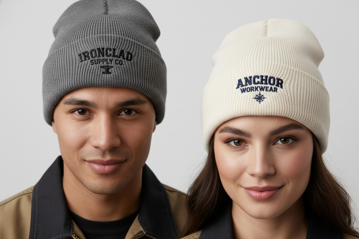 Custom embroidered beanie with stitched logo