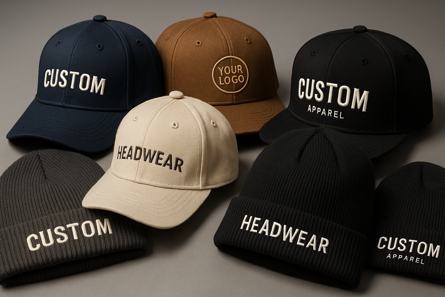 generate a hero banner with no background text of custom hats caps ( beanies &  bulk order with nice detailing high definition.