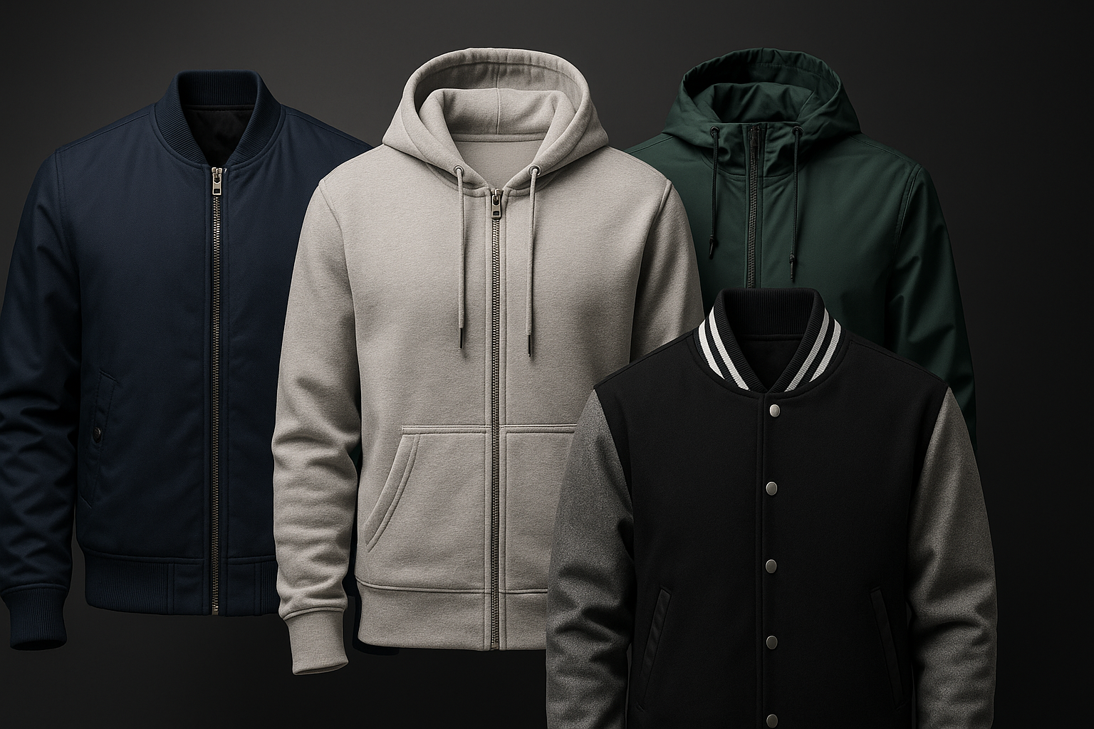 generate a hero banner with no background text of custom jackets and outerwear bulk order with nice detailing high definition.