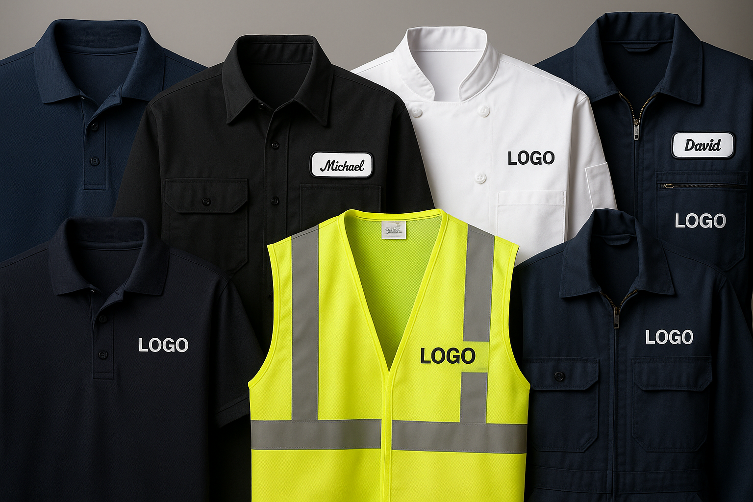generate a hero banner with no background text of custom workwear & uniforms bulk order with nice detailing high definition.