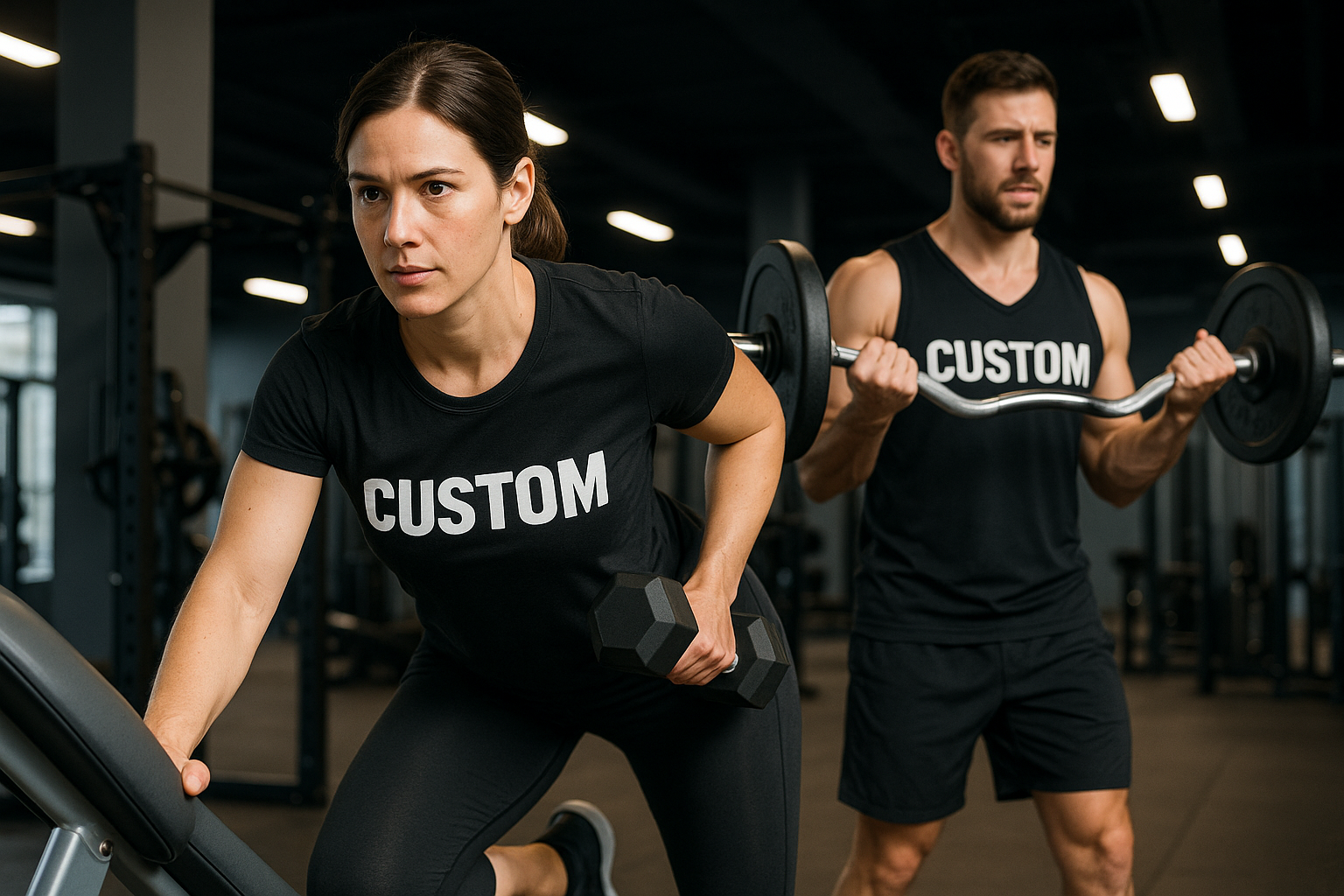 man and a woman working out in a gym woman in custom t-shirt and man wearing custom vest high definition