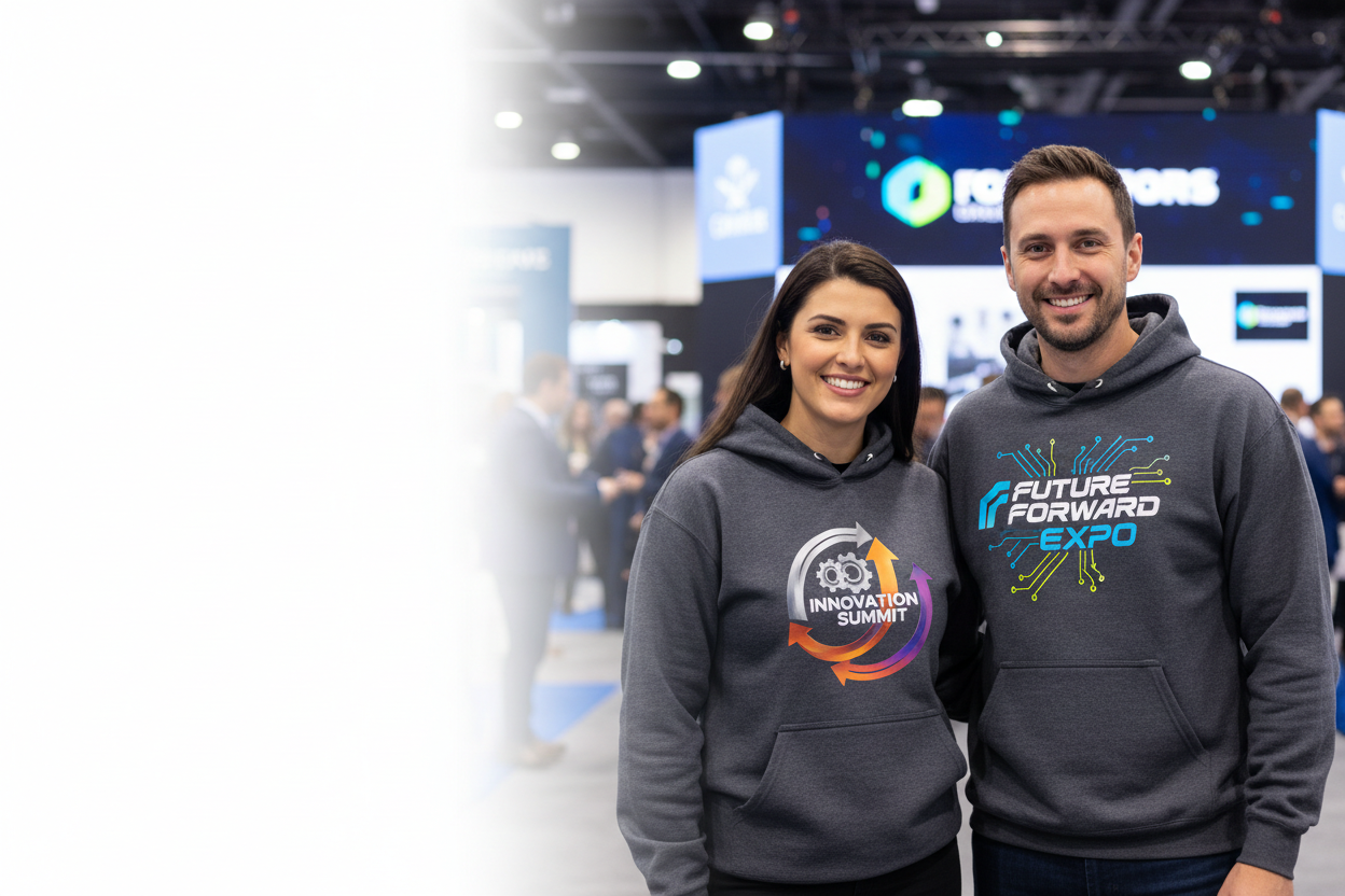 man-and-woman-at-promotional-event-wearing-hoodies-with-events-dtf-prints promo hoodies standing next to each other at the right side of the banner