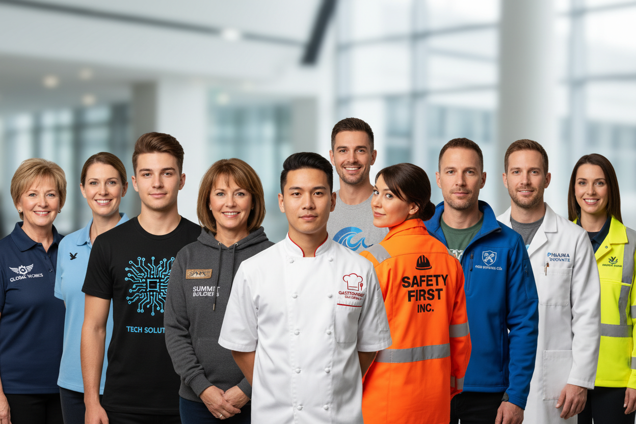 Custom staff uniforms with printed or embroidered logos