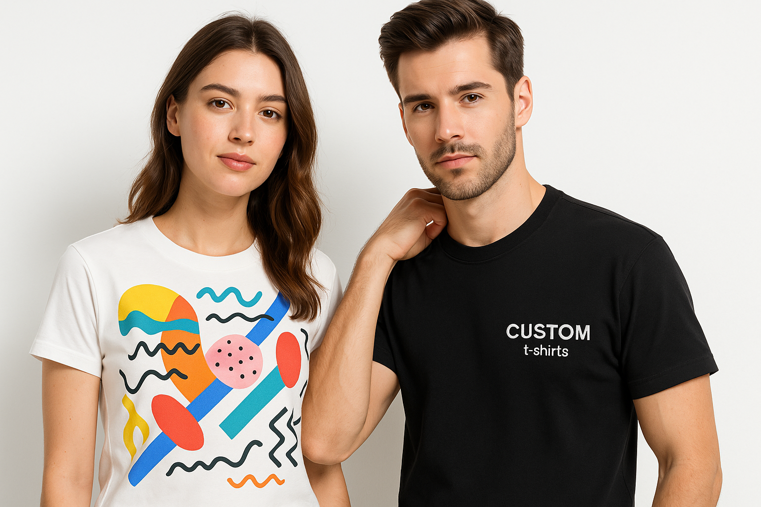 generate a banner with a man and a women close to the middle wearing cool t-shirts one with a really nice modern printed image with popping colours and a a t-shirt with super quality embroidered logo that feels like a real brand high definition no dark background.