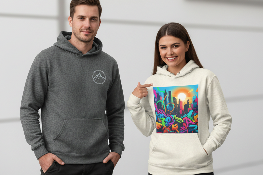 generate banner man wearing a work hoodie embroidered logo of a brand and a woman wearing custom hoodie with colour dtf print to front