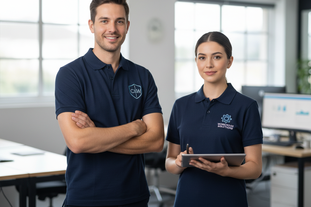hero banner man wearing work poloshirt custom logo embroidery and women wearing poloshirt with printed logo in working enviroment 