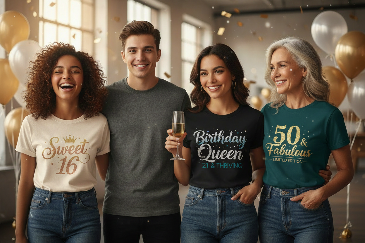 Custom birthday T-shirts personalised with names and ages