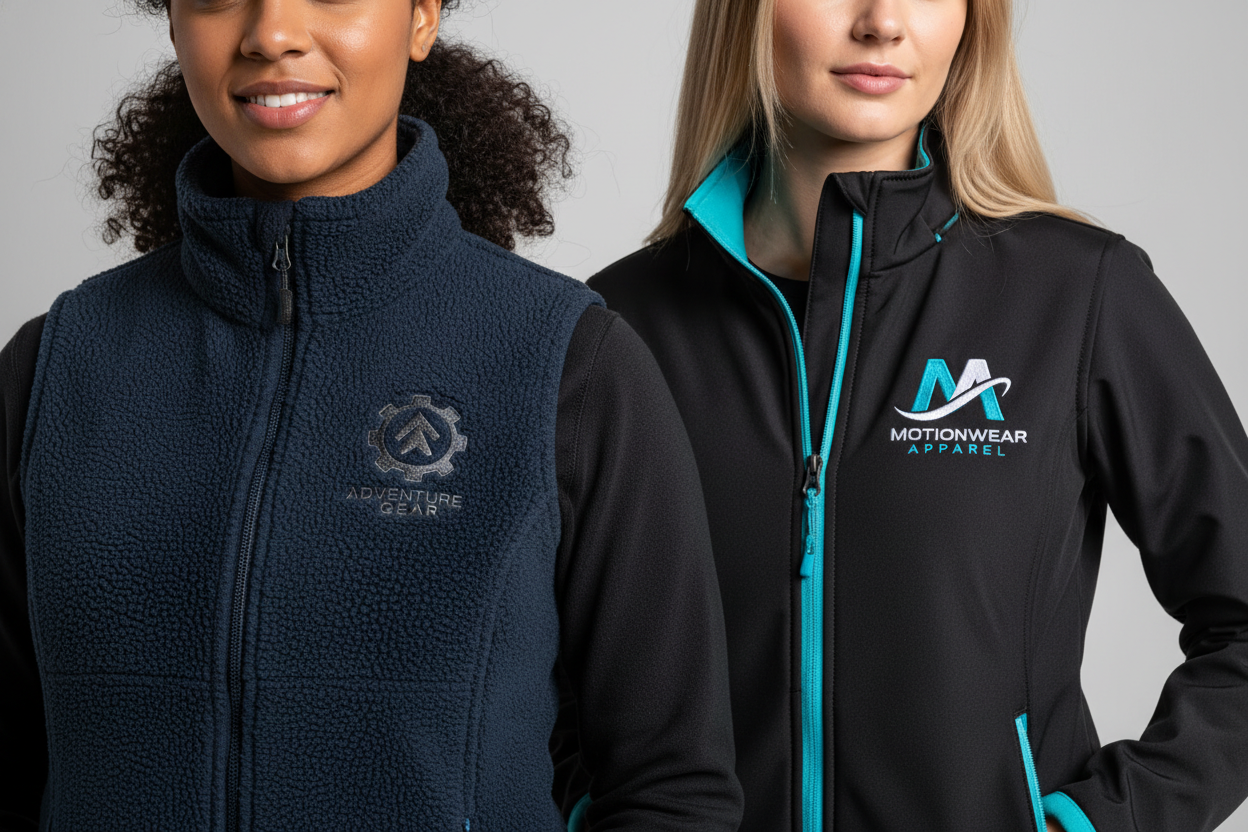 make a hero banner two women wearing logo personalised jackets one bodywarmer fleece other contast softshell 4k close up