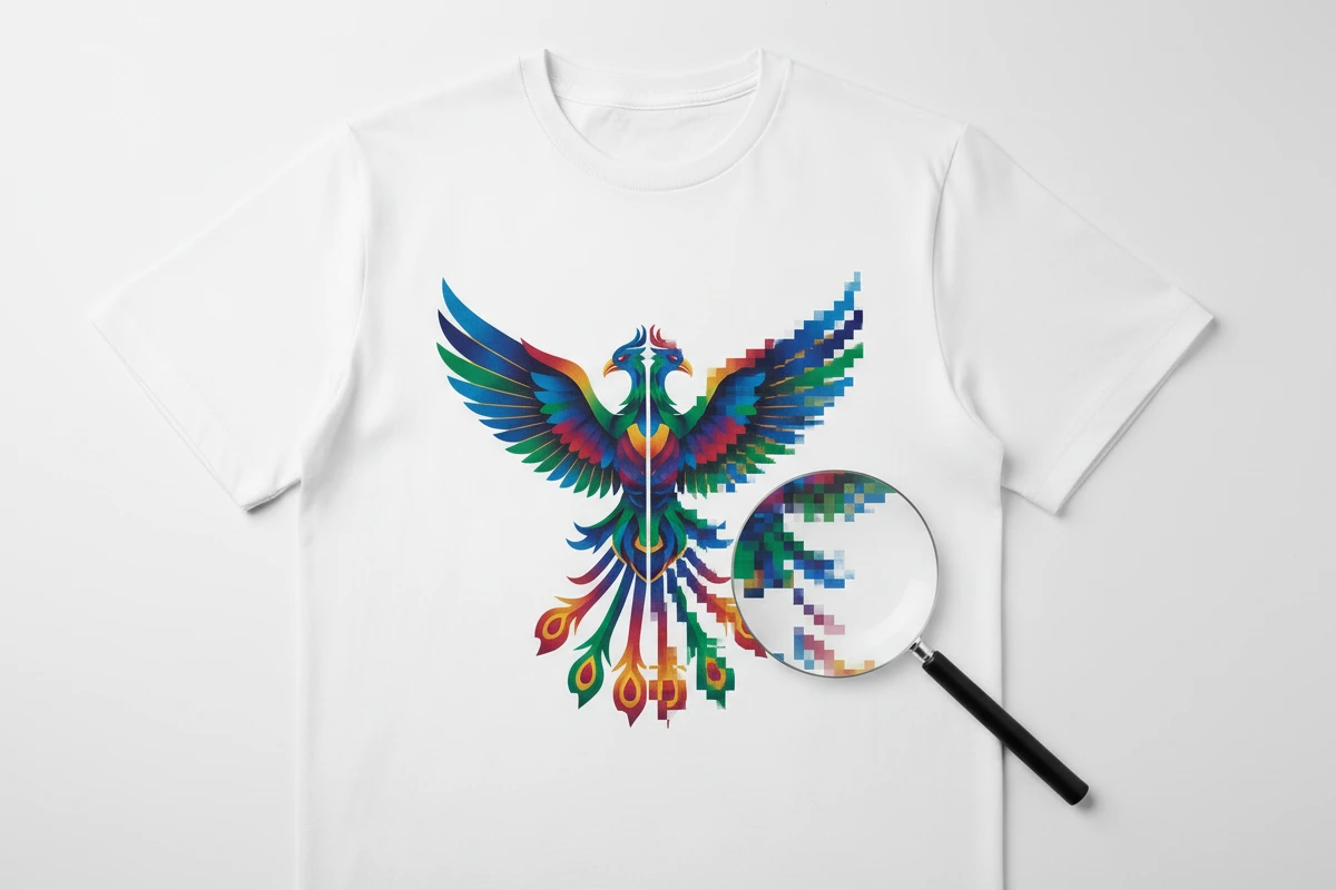 Custom T-shirt printing quality guide: 100 DPI pixelation vs. 300 DPI vector resolution.