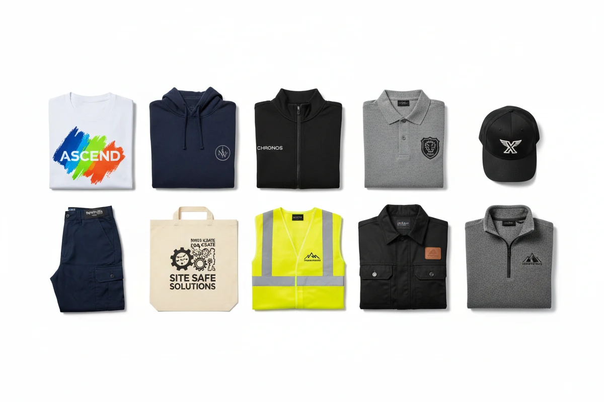 work jackets and fleece — all with sharp embroidered and printed logos on a clean white studio background