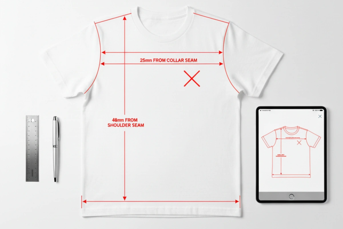 Studio proof flat lay of a white t-shirt with bold technical measurement lines and placement markers showing exact logo positioning for custom print or embroidery orders.